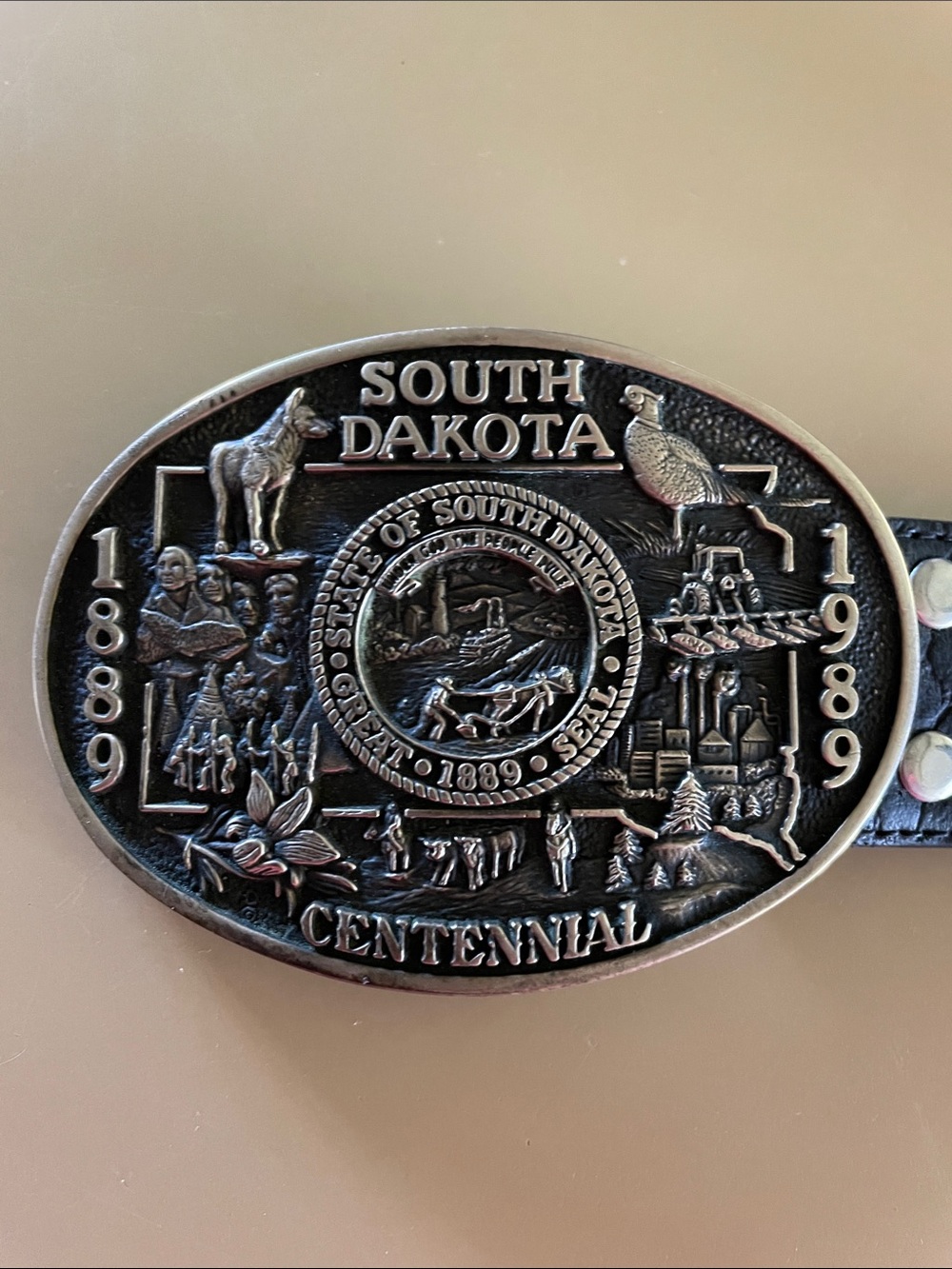 SD Centennial belt buckle 1989, includes Nocona belt co genuine leather belt.